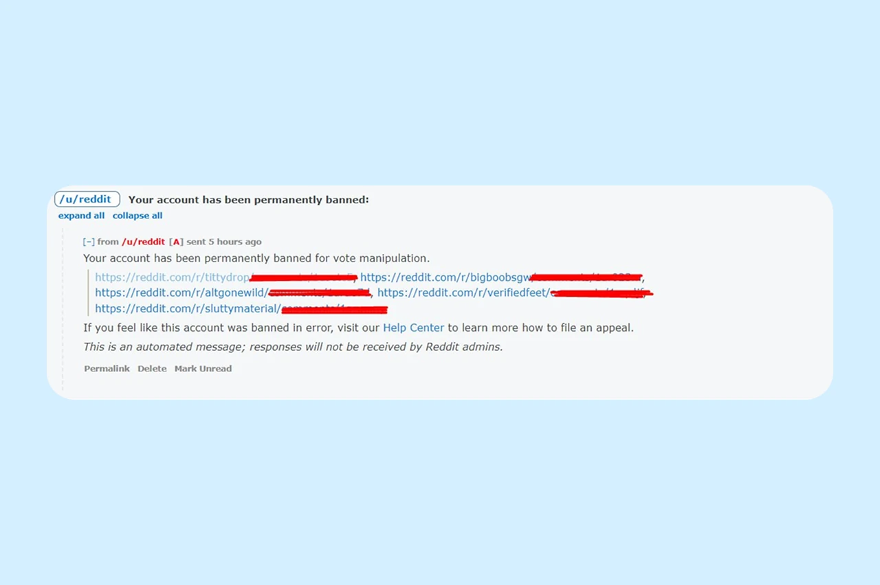 A Reddit email about a permanent account suspension