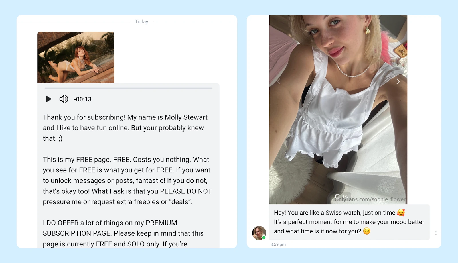 Примеры приветственных сообщений модели на OnlyFans
